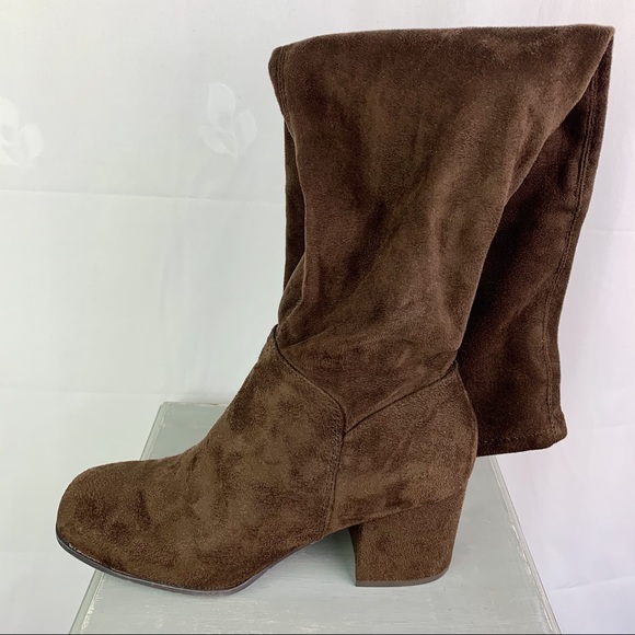 Tall Sueded Brown Block Heel Over The Knee Boots - Picture 6 of 16